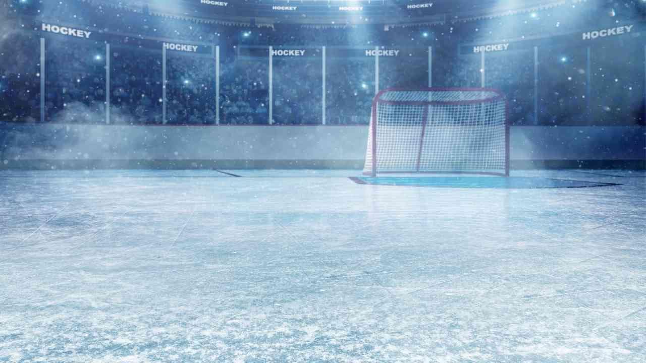 ice hockey arena Eishockeyspielfeld mit Tor, beleuchtet in einer gefüllten Arena bei Schneefall. Ideal für Sport- und Event-Beschreibungen.